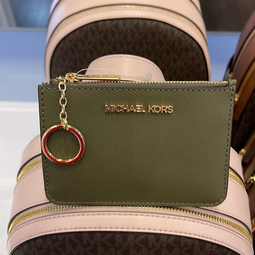 MICHAEL KORS SMALL TOP ZIP COINPOUCH WITH ID KEYCHAIN CARDHOLDER WALLET 
 OLIVE - Picture 15 of 16